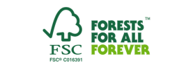 Logo for the Forest Stewardship Council (FSC), showing a tree-shaped checkmark next to the words "Forests For All Forever."