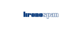 Logo for Kronospan, with the name written in blue font, split stylistically into "krono" and "span."